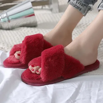 Femei Blană De Slide-Uri Pufoase, Papuci De Casă Cald Iarna Pantofi Drăguț Aluneca Pe Acasă Interior Dormitor Doamnelor Fete Cruce Zapatillas Mujer
