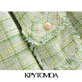 KPYTOMOA Femei 2020 Moda Uzura de Birou Uzat Ornamente Tweed Blazer Coat Vintage Maneca Lunga Buzunare de sex Feminin de Îmbrăcăminte exterioară Topuri Chic