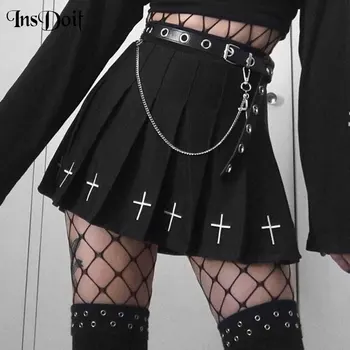 InsDoit Negru Fusta Plisata Femei Gotic Harajuku Talie Inalta Fusta Mini Cross Print Casual, Streetwear-Sexy Fuste Estetice Chic