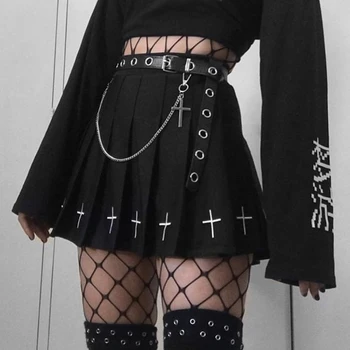 InsDoit Negru Fusta Plisata Femei Gotic Harajuku Talie Inalta Fusta Mini Cross Print Casual, Streetwear-Sexy Fuste Estetice Chic