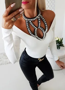 Hirigin De Moda Pentru Femei De Pe Umăr Margele Maneca Lunga Slim Fit Bluza Topuri 2019 Mai Nou Toamna Doamnelor Diamant Căpăstru Sexy Tricouri