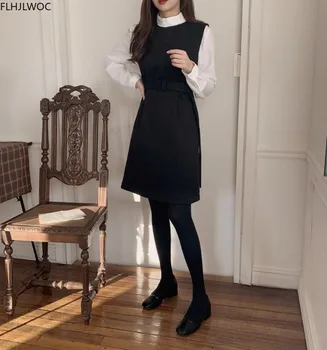 Fierbinte De Vânzare Coreeană Japonia Femei De Stil Preppy Fete Fără Mâneci Data Fenimine Doamna Vestidos Solid Culoare Curea Little Black Dress N166