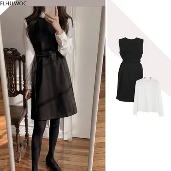 Fierbinte De Vânzare Coreeană Japonia Femei De Stil Preppy Fete Fără Mâneci Data Fenimine Doamna Vestidos Solid Culoare Curea Little Black Dress N166