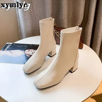 2020 Femei Elegante Pe Bej Tocuri Groase Glezna Cizme De Designer Din Piele Moale Fermoare Șosete Cizme Vintage Lady Cizme Cu Toc Mic Pantofii