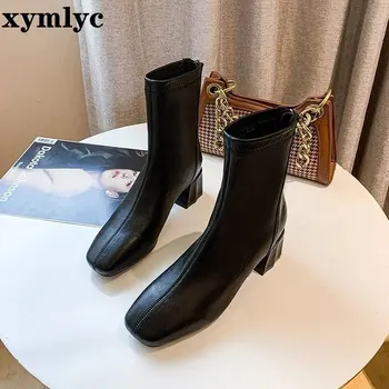 2020 Femei Elegante Pe Bej Tocuri Groase Glezna Cizme De Designer Din Piele Moale Fermoare Șosete Cizme Vintage Lady Cizme Cu Toc Mic Pantofii