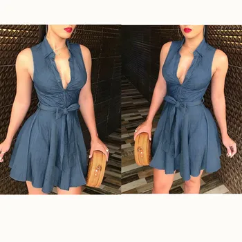 Rochii de vara 2019 Noi de Vara Femei Sexy rochie fără Mâneci V-Gât Adânc Talie Mare Dantelă Sus Vrac Butonul de Rochie