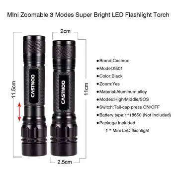 CASTNOO Lumină Strălucitoare 2000LM 3 Moduri Q5 Zoom Lanterna LED Torch Lampă Neagră ues 1x18650 alpinism camping