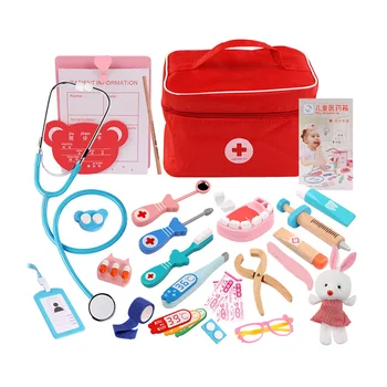 Lemn Pretinde doctor copil jucărie Cosplay medic dentist jucărie roșie trusa medicală, medicină box set pânză de sac de a face Amuzant jocul jucărie cadou