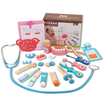 Lemn Pretinde doctor copil jucărie Cosplay medic dentist jucărie roșie trusa medicală, medicină box set pânză de sac de a face Amuzant jocul jucărie cadou