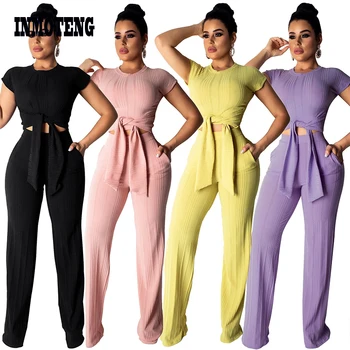 INMOTENG 2019 Noi Femei Tricotate cu Maneci Scurte Lega Pulover Drept Pantaloni Lungi Costume din Două Piese Set Vintage Costum de Trening XXL