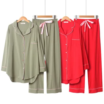 2020 Primăvara Și Toamna Noi Femei Culoare Solidă Stil Simplu Set De Pijama Doamnelor Confort Bumbac Dimensiune Mare Libertate Homewear Pentru Femme 6082