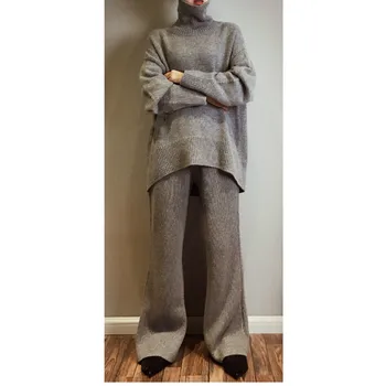 2020 Fierbinte de Vânzare Real High-end Personalizate Cașmir Tricot 2 Seturi de Înaltă gât Pulover Pantaloni Largi Costum Liber Leneș Gros de Două piese de sex Feminin