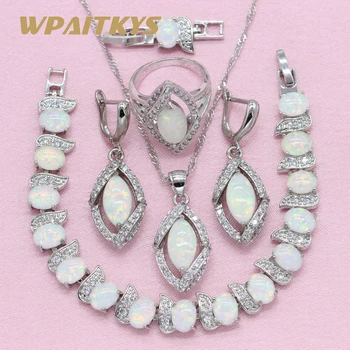 WPAITKYS la Modă Alb Opal de Culoare de Argint Seturi de Bijuterii de Nunta pentru Femei Colier Cercei Bratara Inel Gratuit Cutie 6109