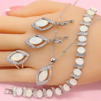 WPAITKYS la Modă Alb Opal de Culoare de Argint Seturi de Bijuterii de Nunta pentru Femei Colier Cercei Bratara Inel Gratuit Cutie
