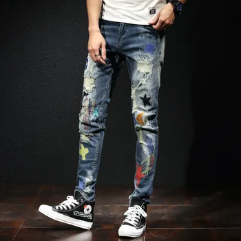 Moda Streetwear Barbati Blugi Tipărite Broderie Designer Elastic Rupt Blugi Barbati Punk Pantaloni De Creion Coreean Hip Hop Blugi Skinny