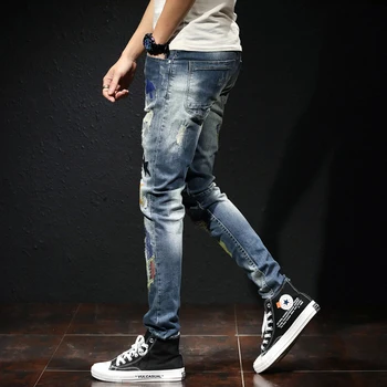 Moda Streetwear Barbati Blugi Tipărite Broderie Designer Elastic Rupt Blugi Barbati Punk Pantaloni De Creion Coreean Hip Hop Blugi Skinny