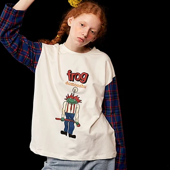 2018 Nou Design De Primăvară Femei Cu Mâneci Lungi De Bumbac T-Shirt Jucaus Urât Broasca Imprimat Tricouri Carouri Vintage Sex Feminin Tricouri Tricou Topuri