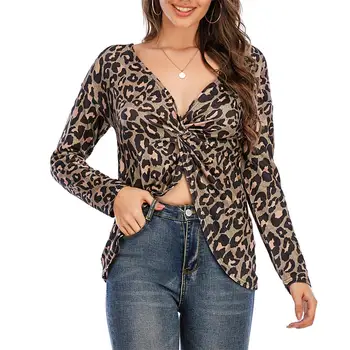 Leopard Print T Shirt pentru Femei 2020 Toamna Haine Noi Poarte în față și în spate Sexy Casual tricouri Femei Topuri Largi Tee de sex Feminin