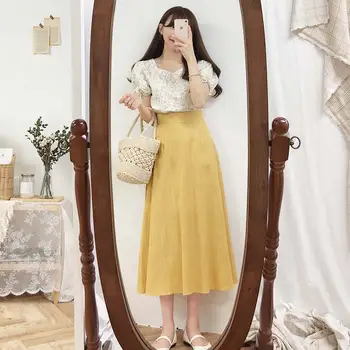 Talie Mare Fuste Pentru Femei Vintage Stil Preppy Fata Dulce Coreea Japonia Haine Kaki Papion Galben Panglică Fusta Lunga 7512