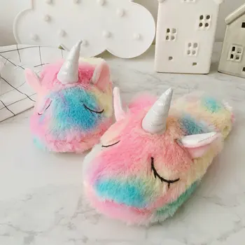 2018 nou drăguț colorate catifea unicorn de pluș pantofi femei acasă interioară de iarnă rainbow unicorn papuci de casă Impermeabil anti-alunecare pantofi 6365