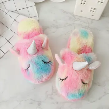 2018 nou drăguț colorate catifea unicorn de pluș pantofi femei acasă interioară de iarnă rainbow unicorn papuci de casă Impermeabil anti-alunecare pantofi