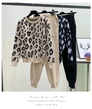 ZAWFL 2020 Noua moda Toamna Iarna Femei Costume de Leopard Tricotate O-gât pulover Pulover și Pantaloni Set de Două Piese