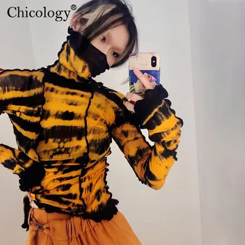 Chicology Y2K Imprimare Guler Maneca Lunga Tie Dye T-Shirt Femei Top Tricou 2020 Toamna Iarna Haine Sexy Streetwear Punk Tee
