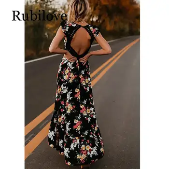 Rubilove Toamna De Moda Pentru Femei Maxi Neregulate Boho Rochie De Vara Floral Print V-Neck Tiv Rochii De Vacanță Bohemia Lung Femei Rochie