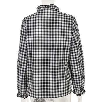 V Gât Tricou Femei De Primăvară De Moda De Epocă Bluza Cu Maneci Lungi Tricou Feminin Elegant Alb-Negru Carouri Strada Office Camasi