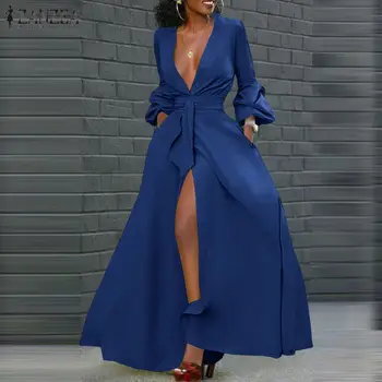 2021 ZANZEA Sexy Cămașă Rochie de Vara pentru Femei Sundress Elegant Puff Maneca Maxi Vestidos de sex Feminin Butonul Solid Halat Femme Plus Dimensiune