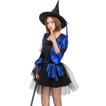 Umorden Fantasia Femei Albastru De Imprimare Negru Costum Vrajitoare Halloween Cosplay Purim Petrecere De Carnaval Mardi Gras Costume Costum Joc