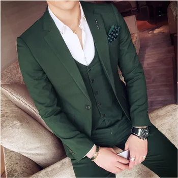 KUSON 2018 Verde Închis Costume Barbati Slim Fit Seturi (Sacou+Pantaloni+Vesta) Elegante de Designer de Costume de Partid Costum Homme Căsătorie Fracuri