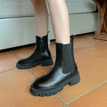 Meotina Naturale, Lână, Blană, Piele Reale Platforma Toc Înalt Cizme Scurte Femei Rotund Toe Pantofi Cu Tocuri Indesata Cu Fermoar Glezna Cizme Negre
