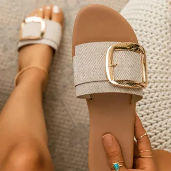 Vara Femei Papuci Panza Superioară Catarama Decor Plat Toc Peep Toe Moda Sandale Elegante În Aer Liber, Tobogane 2020 Doamnelor Pantofi