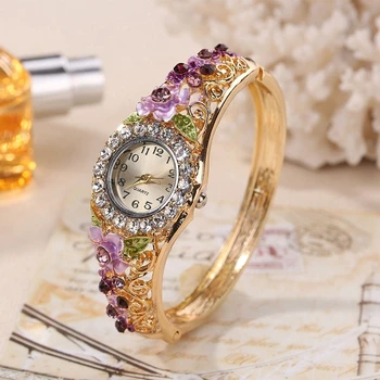 2020 Aur Brățară De Ceas De Lux Doamna Floare De Design Aliaj De Trupa Femei Elegante Ceas Cristal De Sex Feminin Rochie Ceas Reloj Mujer