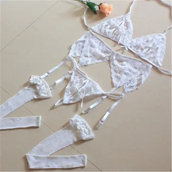 4buc Lenjerie Sexy Babydoll Tentația de Dantelă Transparentă, Deschisă Sutien Erotice Femei Lenjerie de corp de culoare Roșie Sutiene + G-String + Net Șosete + Sling