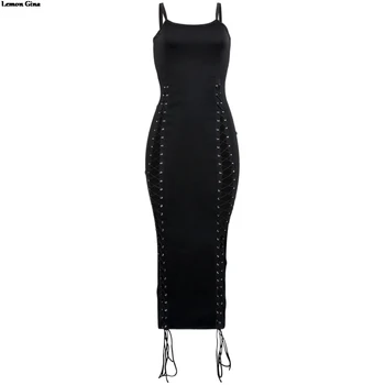 Lamaie Gina femei sexy lace up gol din partea glezna lungime curea spaghete negre partid rochie midi LGF80