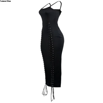 Lamaie Gina femei sexy lace up gol din partea glezna lungime curea spaghete negre partid rochie midi LGF80