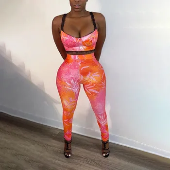 Dantela Benzi Imprimate Bretele Slab Legging Potrivire A Două Bucata Set Sexy Femei Slash Gâtului Fara Spate Skinny Crop Top Petrecere Clubwear