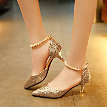 Femei Pompe de Pantofi cu Tocuri de 6 CM 2019 Moda de Vara Bling Subliniat Toe Sandale Tocuri Subtiri Șir de Mărgele de Dulce de Nunta Casual
