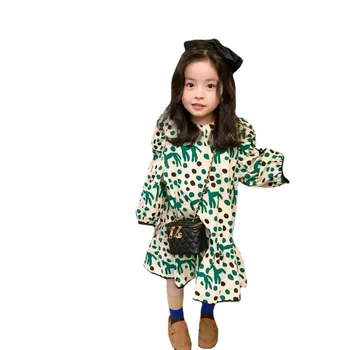 Fairy bumbac fata rochie cu mâneci lungi de primăvară nouă epocă verde completă de imprimare ponei ponei dot coreean copil baby bubble sleeve dress