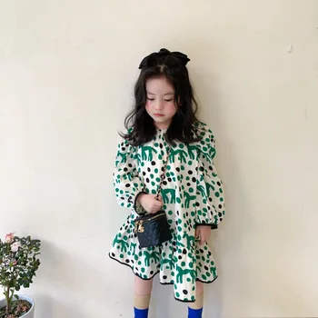 Fairy bumbac fata rochie cu mâneci lungi de primăvară nouă epocă verde completă de imprimare ponei ponei dot coreean copil baby bubble sleeve dress