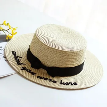 Timp liber Stil de pălărie de soare Broderie Scrisoare Luntraș Pălărie de Vară Panglică Rotund Arc Plat de Top Largă Pălărie de Paie Femei Fedora Pălărie Panama