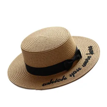 Timp liber Stil de pălărie de soare Broderie Scrisoare Luntraș Pălărie de Vară Panglică Rotund Arc Plat de Top Largă Pălărie de Paie Femei Fedora Pălărie Panama