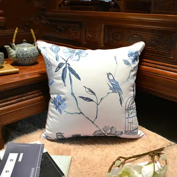 DUNXDECO față de Pernă Perna Decorativa Caz Moderne ChineseTraditional Blue Bird Flora Broderie de Bumbac Coussin Canapea Scaun