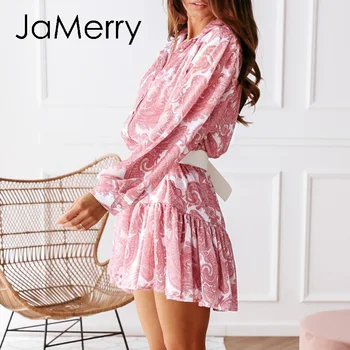 JaMerry Casual imprimeu roz cu maneca Lunga-rochie sifon de vacanță de Toamnă talie mare unduiri rochie Office lady femei rochie vestidos