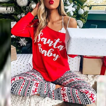 În 2020, Anul Nou, Crăciun Imprimare Homewear Costume Sexy De Pe Umăr Maxim 2 Seturi De Piese De Trening Femei Tricou Casual Pantaloni Lungi