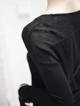 Cakucool Nou de Toamna cu Maneci Lungi Tricou Femei Negru Rotund Gât Jumătate a se Vedea-printr-Casual Slim Tricou Gotic Bază Tricou Femme