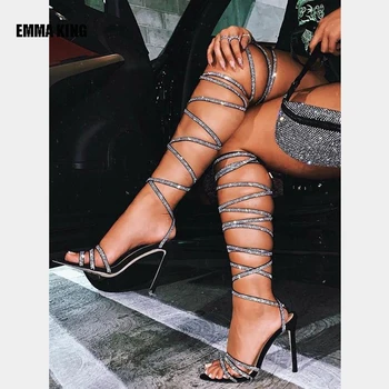 Moda Vara Cross-legat Sandale Cizme Genunchi Ridicat Sexy si Damele de Gol Afară de Tocuri de Cristal Decor Petrecere Pantofi Femei Cizme 2020