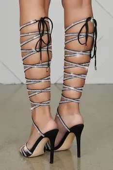 Moda Vara Cross-legat Sandale Cizme Genunchi Ridicat Sexy si Damele de Gol Afară de Tocuri de Cristal Decor Petrecere Pantofi Femei Cizme 2020
